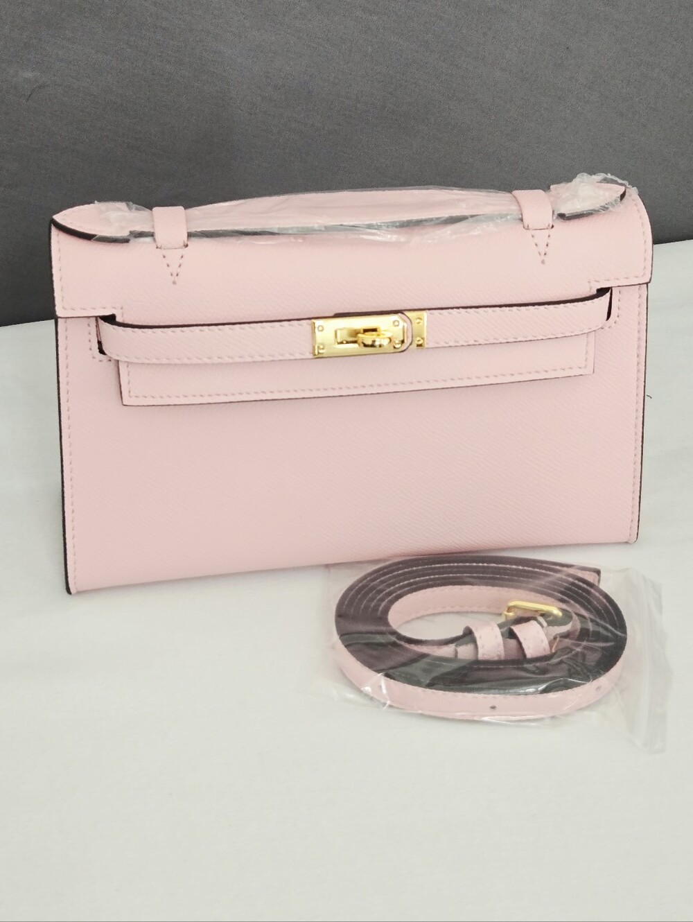 NWT Mille Bags Erika Leather Clutch Pochette Bag Pastel Pink Gold Hardware